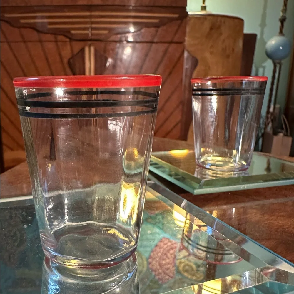 Vintage Nostalgic 1960s Era Matched Red & Black Banded Pair Clear Shot Glasses